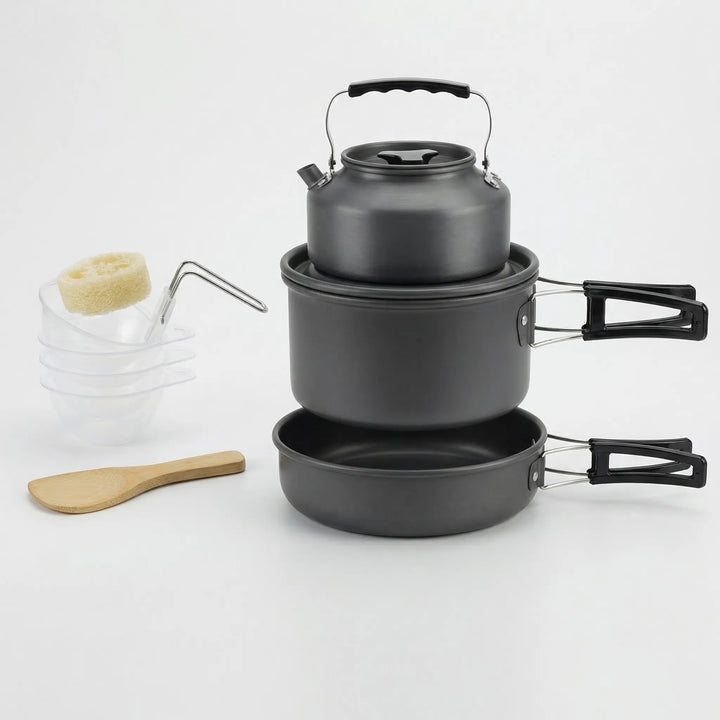 Versatile outdoor cooking set, stackable pots and pans for camping, hiking, and backpacking.