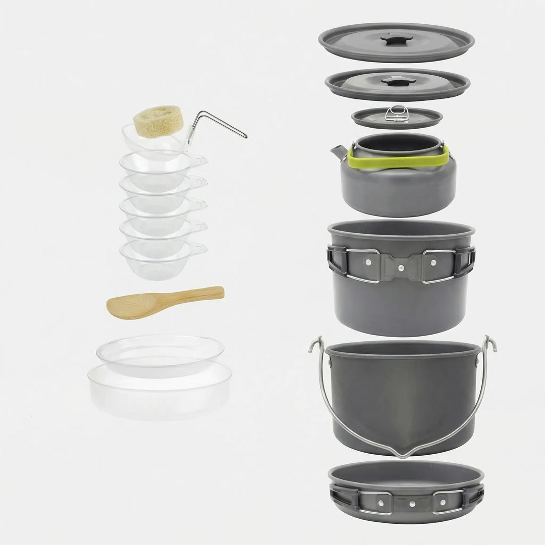 Complete camping cookware set with nesting pots, ideal for outdoor cooking and backpacking gear.