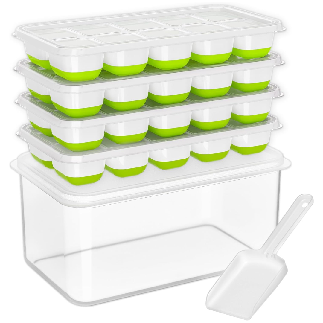 Stackable silicone ice cube trays with bin for easy freezer storage. Perfect for kitchen and bar.