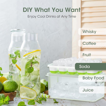 Space-saving stackable silicone ice cube tray set with bin, designed for easy release and organized freezer.
