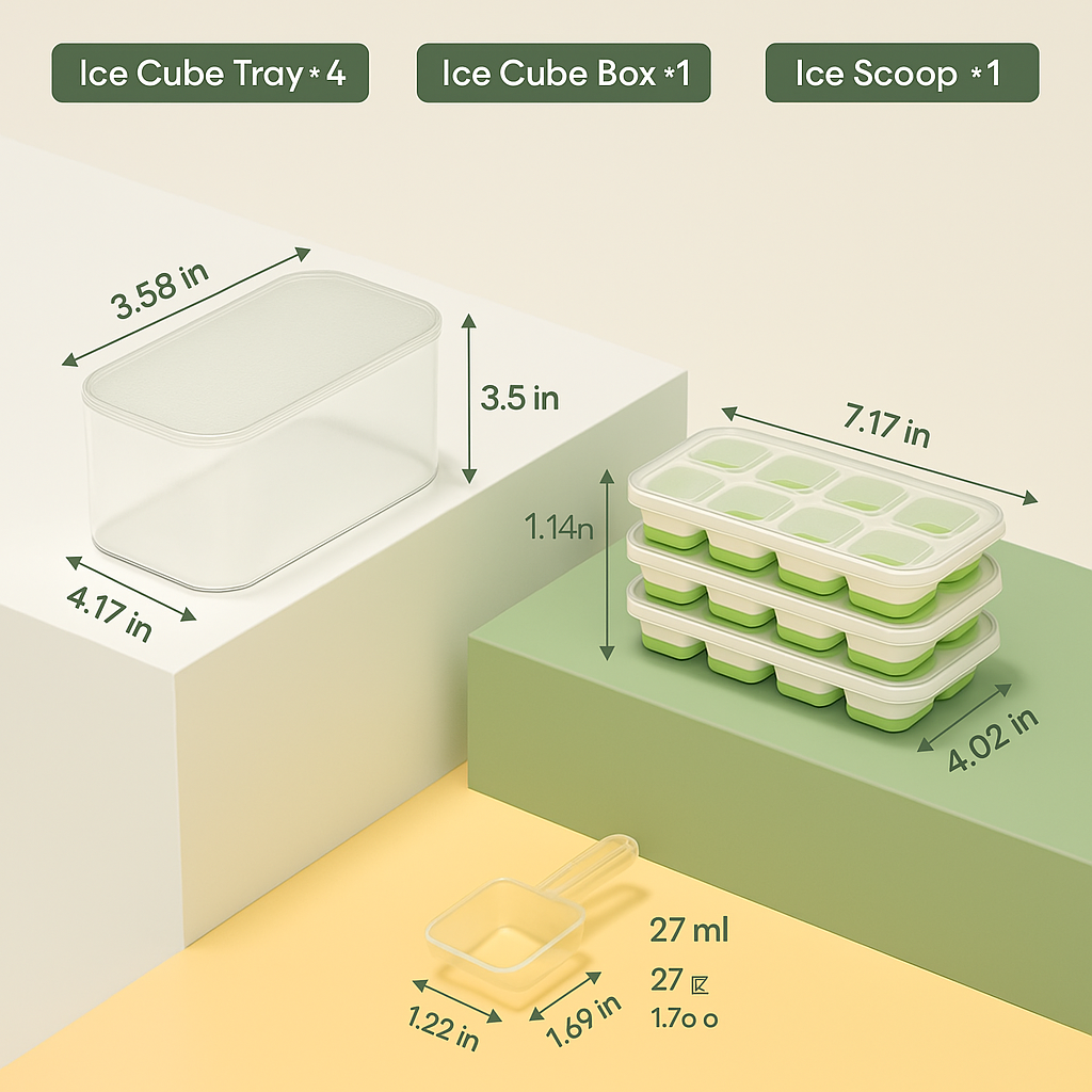 Silicone ice cube trays, stackable with bin, for easy-release ice. Essential kitchen & bar accessory.