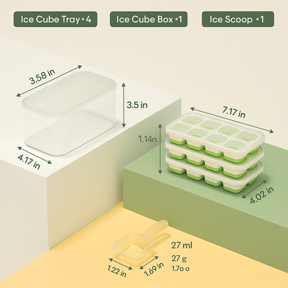 Silicone ice cube trays, stackable with bin, for easy-release ice. Essential kitchen & bar accessory.
