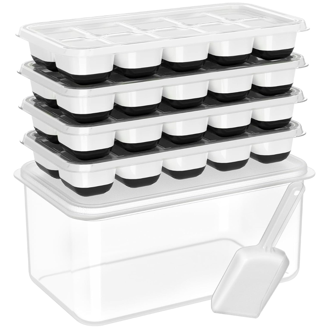 Easy-release silicone ice cube trays, stackable design with bin, ideal for cocktails & home bar.