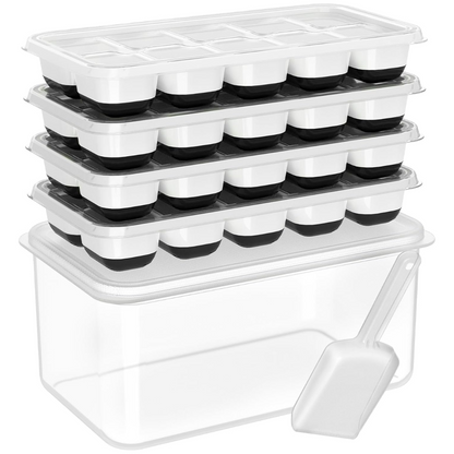 Easy-release silicone ice cube trays, stackable design with bin, ideal for cocktails & home bar.