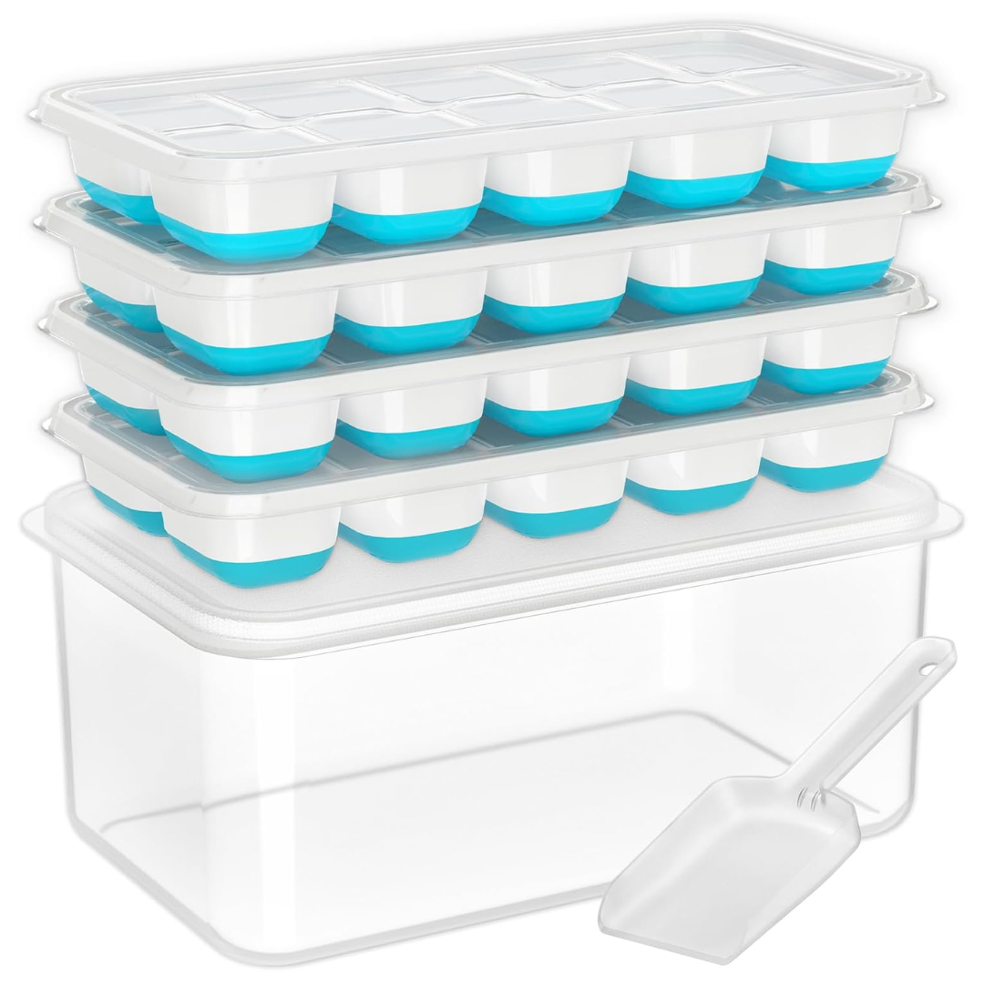 Effortless stackable silicone ice cube trays and bin for convenient freezer storage and drinkware.
