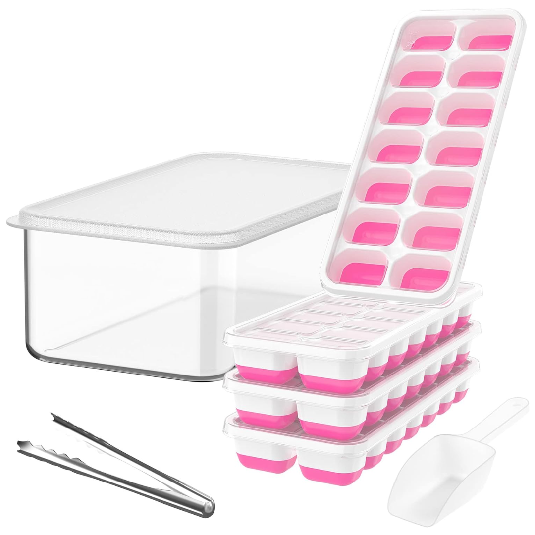 Silicone ice trays with lid & storage bin. Stackable design for neat freezer organization & cocktail ice.