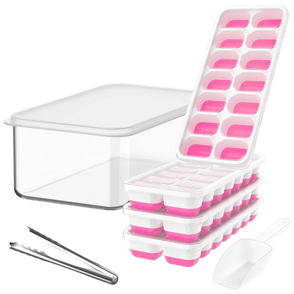 Silicone ice trays with lid & storage bin. Stackable design for neat freezer organization & cocktail ice.