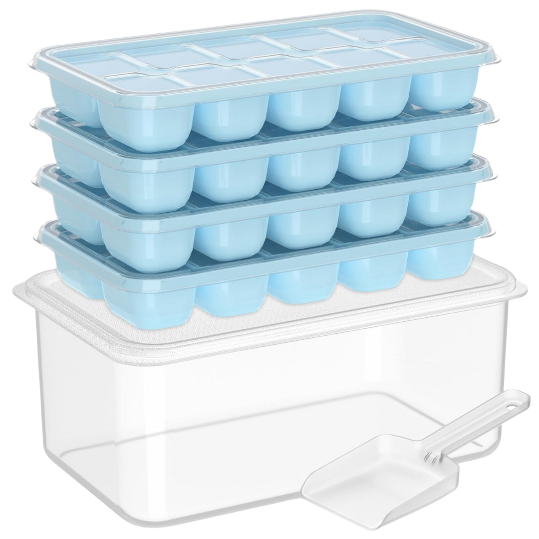 Durable silicone ice cube maker with stackable trays and bin, ensuring easy release for all drinks.
