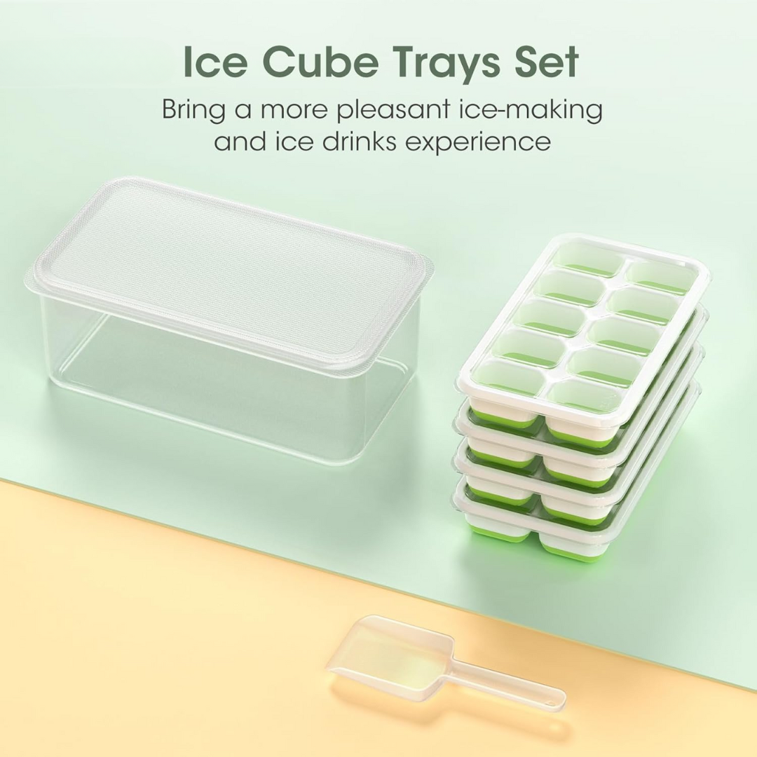Essential kitchen stackable silicone ice cube trays & bin. Perfect for home drinks & freezer organization.