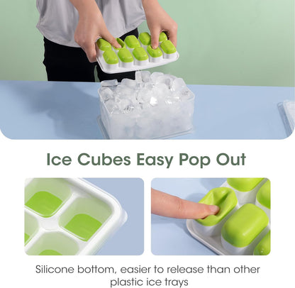 Freezer storage solution: stackable silicone ice trays with lid and bin for fresh, easy-release ice.