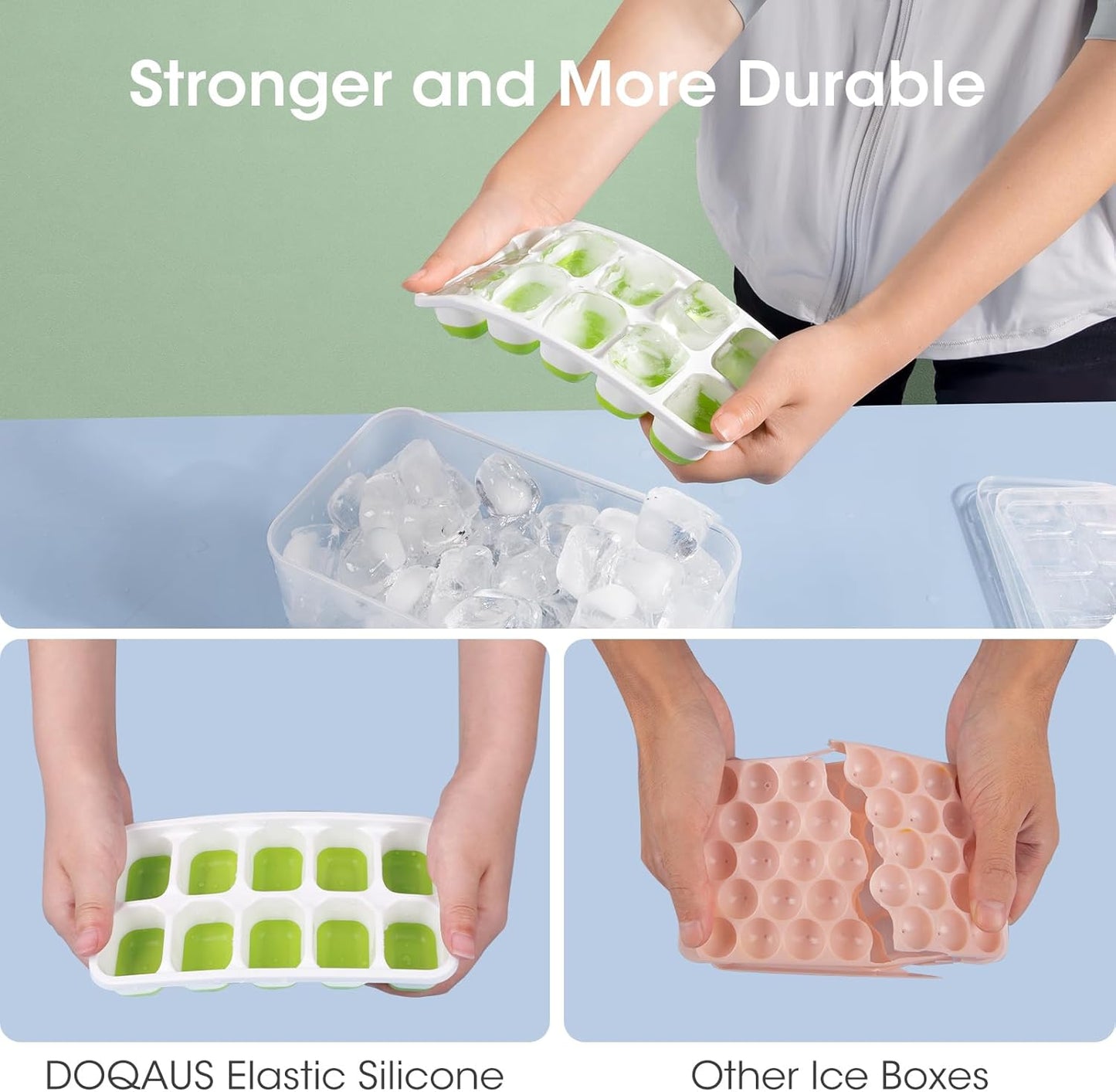Premium silicone ice cube trays, stackable with storage bin, perfect for making ice for cold drinks.