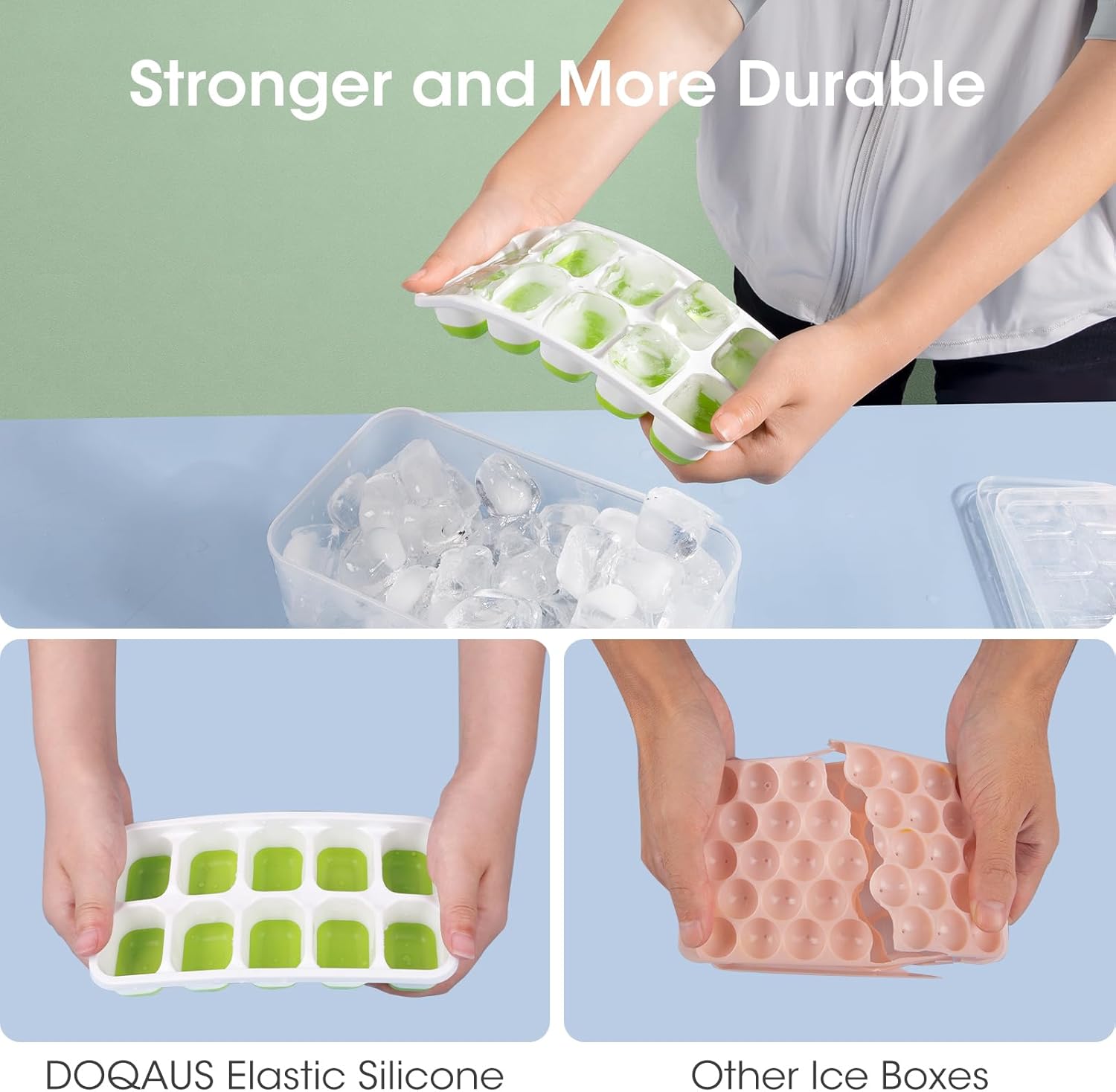 Premium silicone ice cube trays, stackable with storage bin, perfect for making ice for cold drinks.