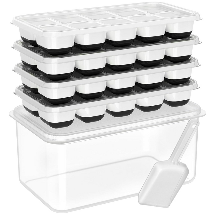 Flexible silicone ice cube molds for easy release, with a clear storage bin. Perfect for home bars.