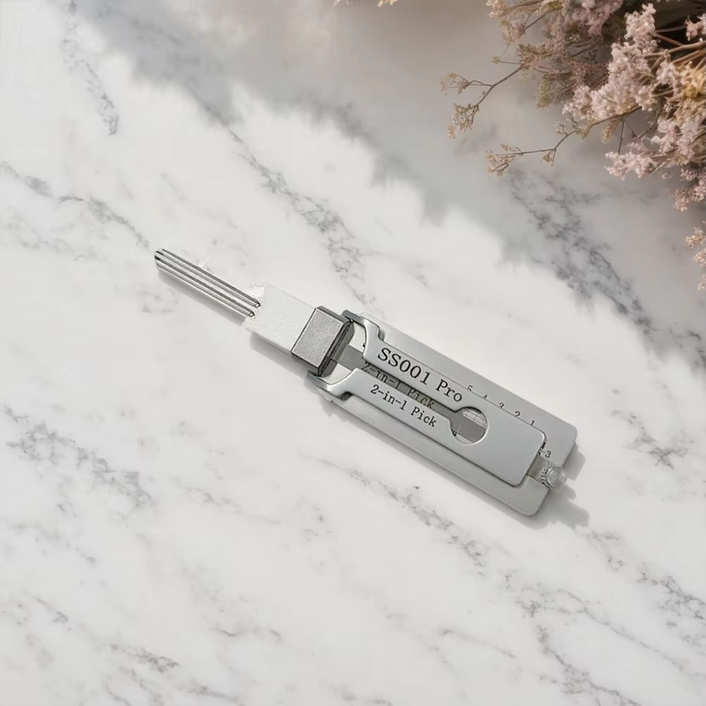 Stainless steel 2-in-1 key decoder and lock picking tool for professional locksmiths. Precision security device.