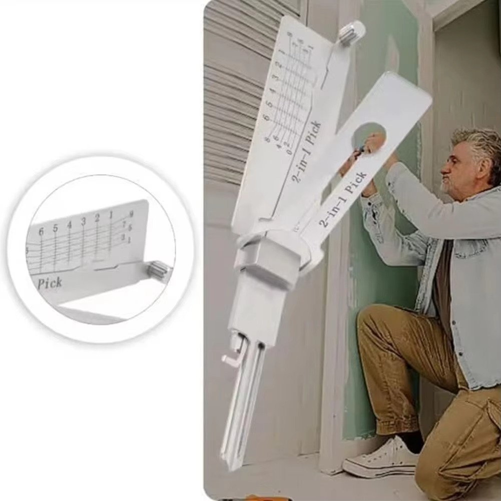 Sleek stainless steel 2-in-1 key decoder and lock picking tool, a precision locksmith and security instrument.