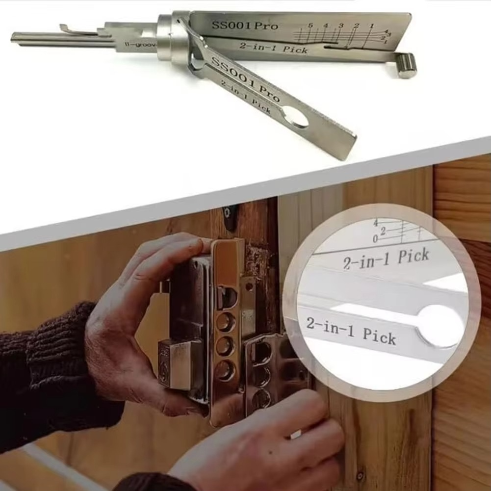 Essential professional stainless steel lock picking tool with integrated key decoding. High-quality security device.