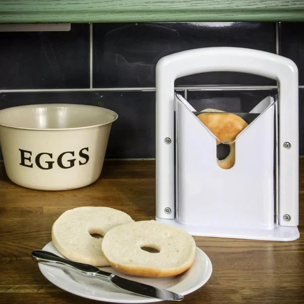Safe and easy-to-use stainless steel bagel slicer, a durable kitchen gadget for perfectly splitting bagels.