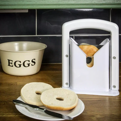 Safe and easy-to-use stainless steel bagel slicer, a durable kitchen gadget for perfectly splitting bagels.