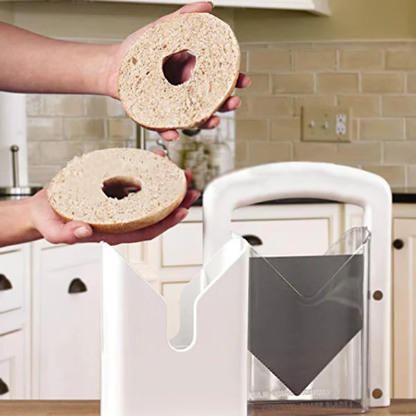 Versatile stainless steel bun & bagel slicer, a precise kitchen tool ensuring even cuts for all your breakfast needs.