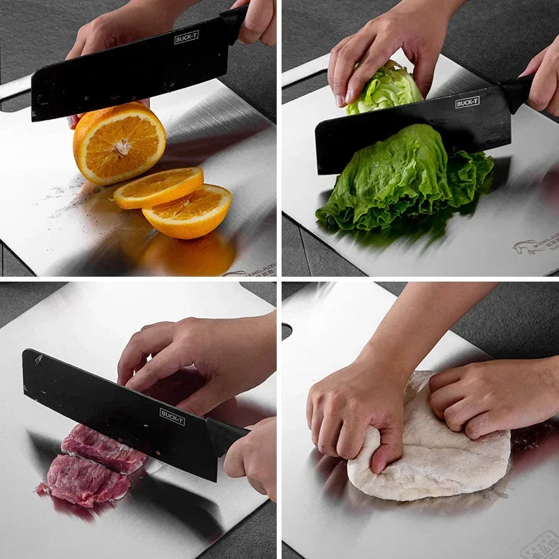 Modern stainless steel cutting board, easy-to-clean and non-porous for a hygienic kitchen. Essential food prep tool.