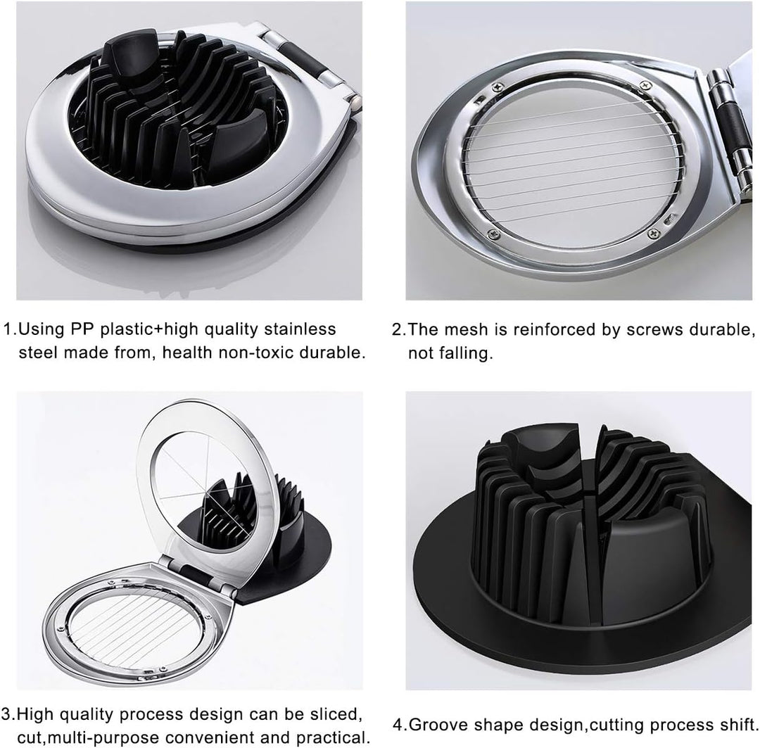Modern stainless steel egg slicer with three distinct cutting styles for efficient kitchen tasks.