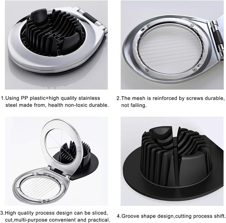 Modern stainless steel egg slicer with three distinct cutting styles for efficient kitchen tasks.