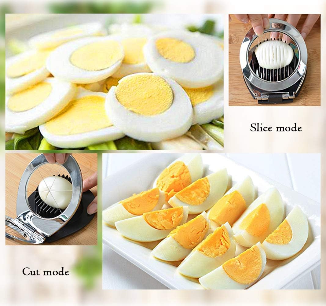 Compact stainless steel egg slicer, perfect for uniform slices. A handy kitchen tool for quick meals.