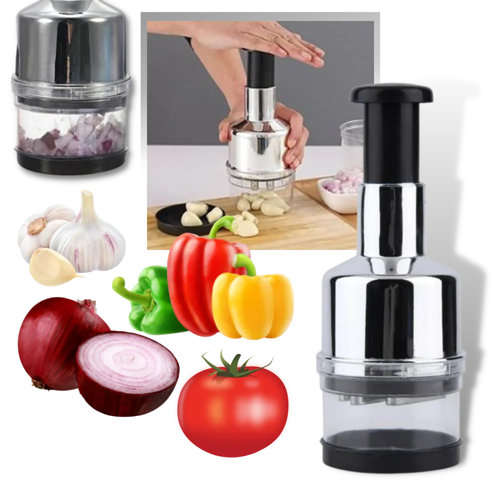 Stainless steel garlic chopper for quick & easy food prep. A compact kitchen tool.