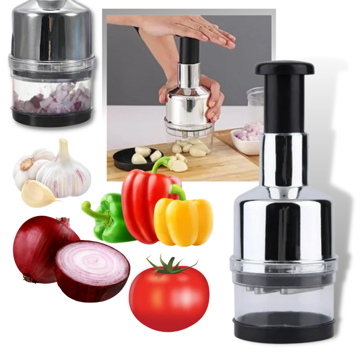 Stainless steel garlic chopper for quick & easy food prep. A compact kitchen tool.