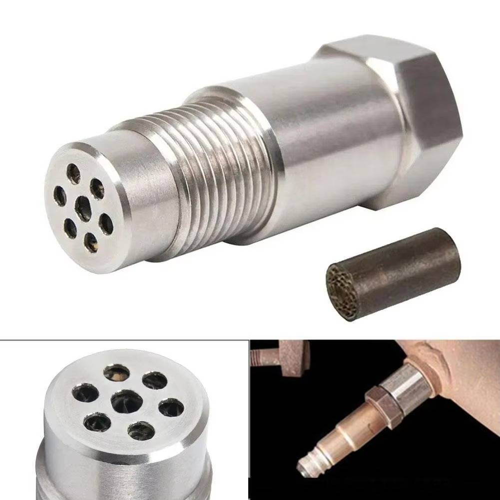 Stainless steel O2 sensor CEL fix adapter with mini catalytic converter. Eliminates check engine light.