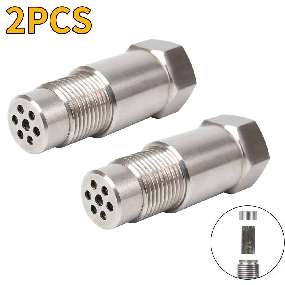 Car CEL fix O2 sensor adapter, stainless steel with mini catalytic converter for engine warning repair.