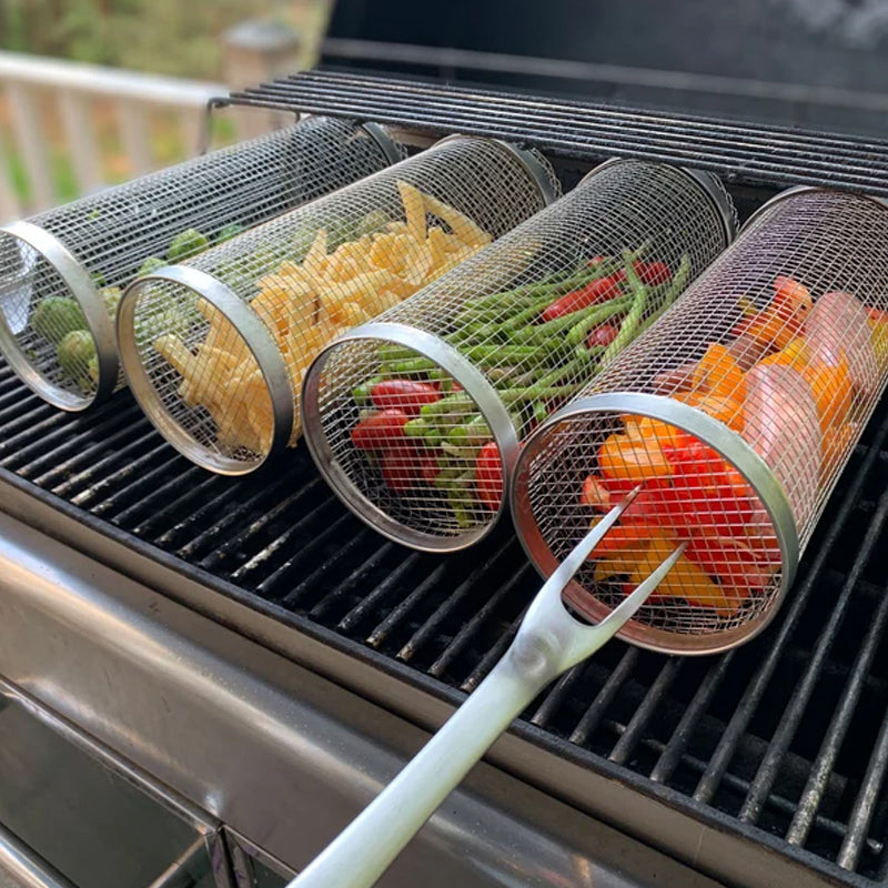 Stainless steel rolling BBQ grill basket ensures even cooking for vegetables, meat, and small foods.
