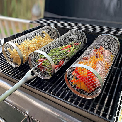 Universal rolling BBQ grill basket, durable stainless steel, perfect for outdoor cooking & roasting veggies.