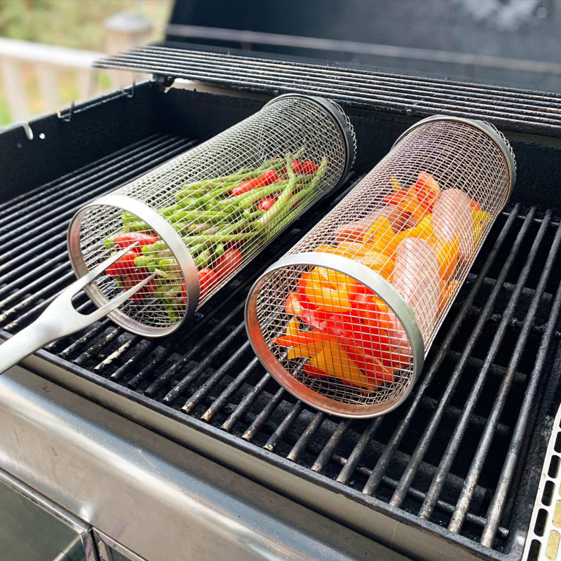 Easy-clean stainless steel rolling BBQ grill basket, essential accessory for perfectly grilled vegetables.
