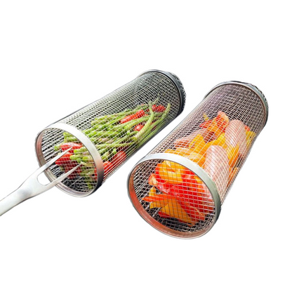 Innovative stainless steel rolling BBQ grill basket ensures all-around cooking for various foods.