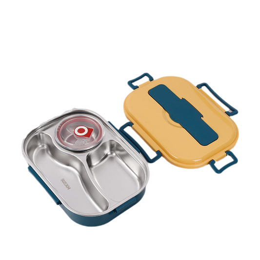 Stainless steel thermal lunch box, insulated food container for warm meals.