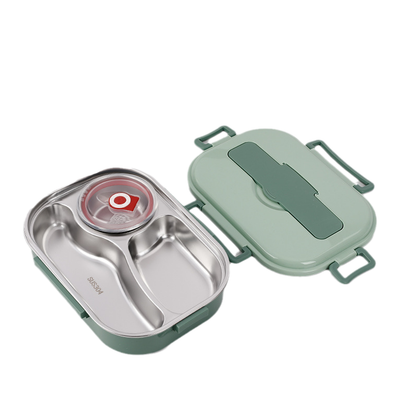 Durable stainless steel thermal lunch box, designed for on-the-go meals.