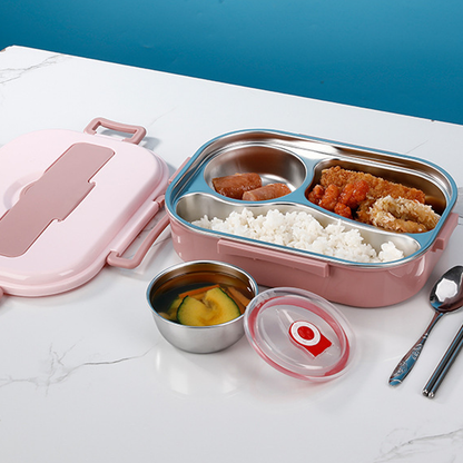 Portable thermal bento box, leak-proof stainless steel for school or work lunch.