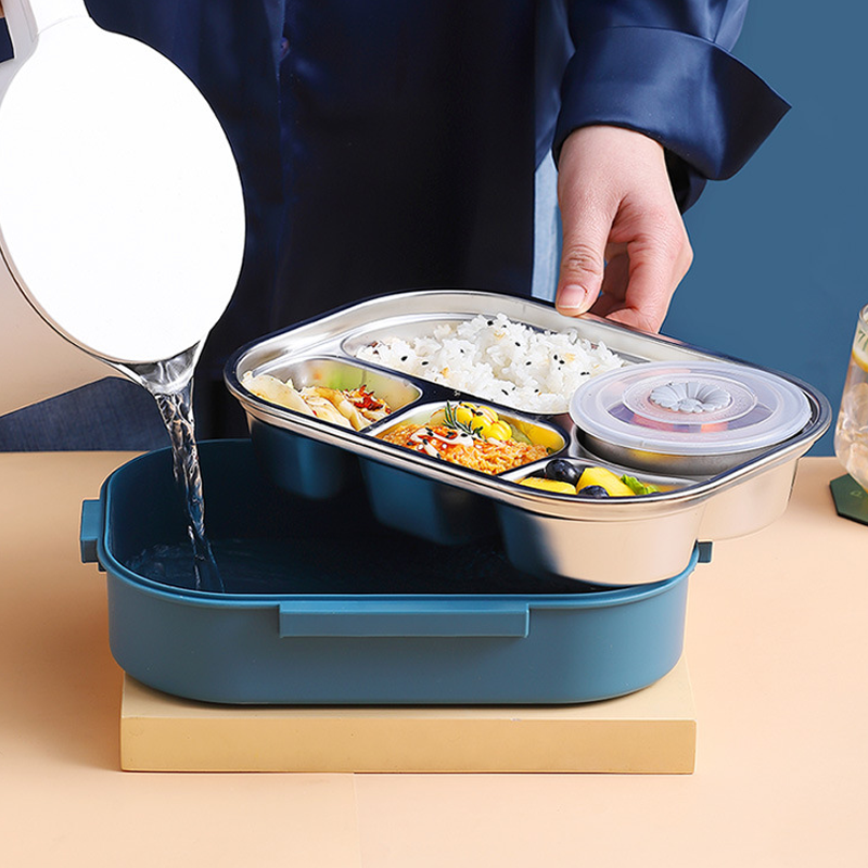Compact thermal lunch box, sleek stainless steel for easy portability.