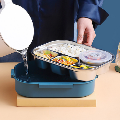 Compact thermal lunch box, sleek stainless steel for easy portability.