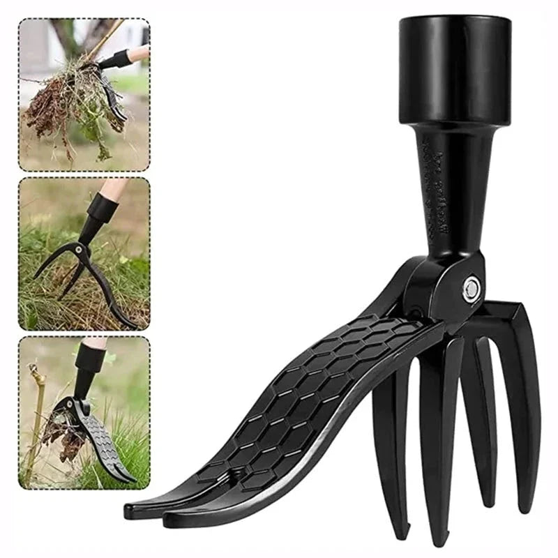 Stainless steel weed puller with long adjustable handle for stand-up weed removal. Ideal gardening tool.