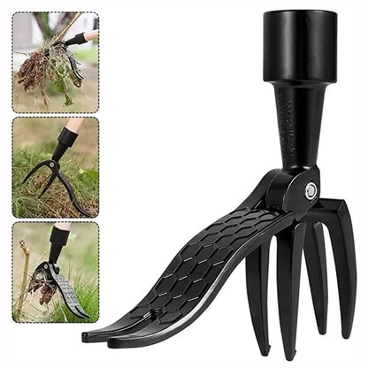 Stainless steel weed puller with long adjustable handle for stand-up weed removal. Ideal gardening tool.