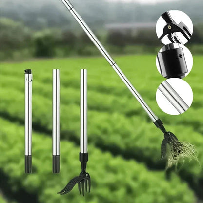 Unisex adjustable long handle weed puller for comfortable stand-up lawn care & weed removal. Durable tool.