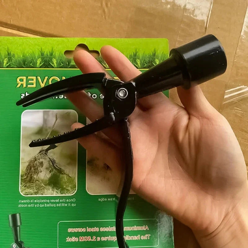 Stand-up weed puller, a long handle gardening tool in stainless steel for easy weed removal without bending.