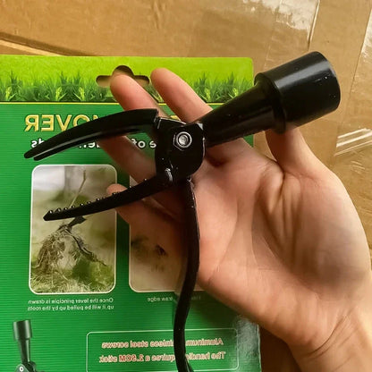 Stand-up weed puller, a long handle gardening tool in stainless steel for easy weed removal without bending.
