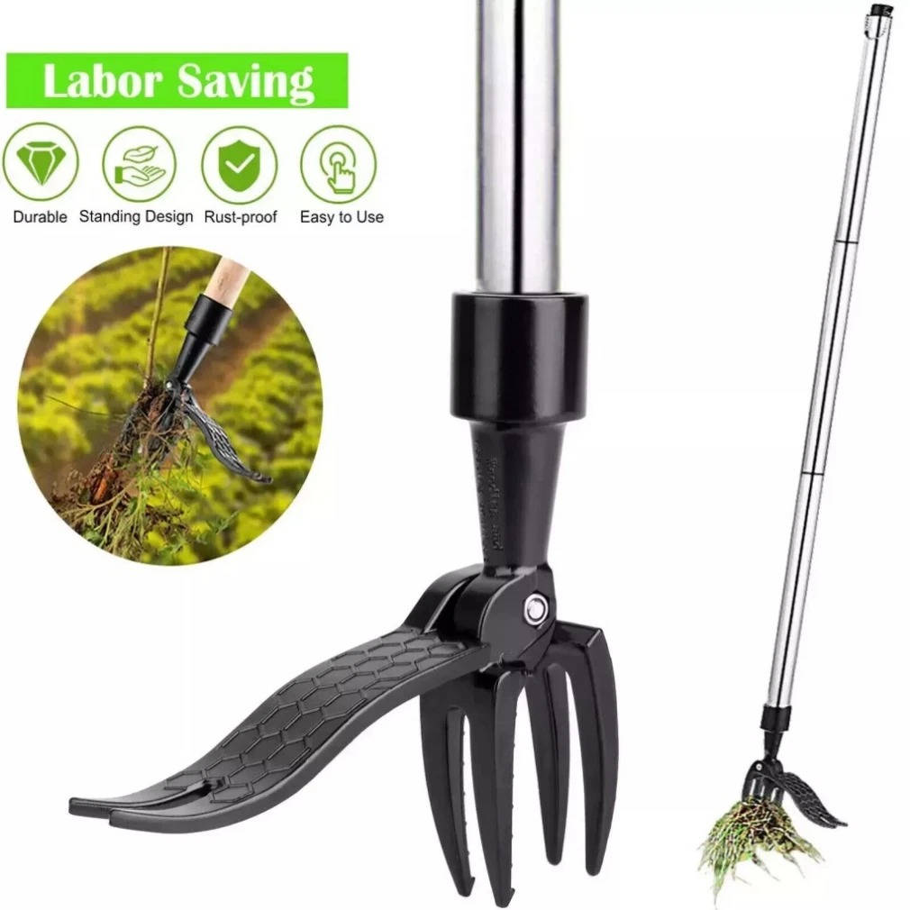 Gardening stand up weed puller. Long handle, foot pedal, & sturdy aluminum shaft for yard care.