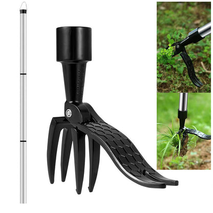 Effortless stand up weed puller tool, made with robust aluminum & stainless steel components.