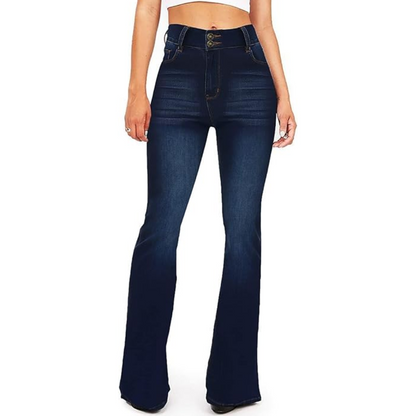 Full-length view: Stella women's high-waisted flared jeans. Chic retro bell bottom style, comfortable fit.