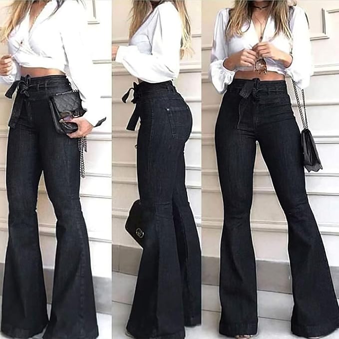 Comfortable Stella high-waisted flared jeans for women. Retro bell bottom pants, great for everyday fashion.