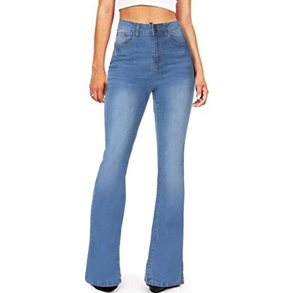 Close-up of Stella women's high-waisted flared jeans. Retro bell bottom detail, chic casual style.